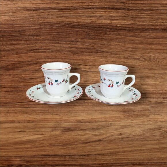 vintage Farberware White Christmas Snow Teacup And Saucer Coffee Mug set of 2 - Picture 2 of 9